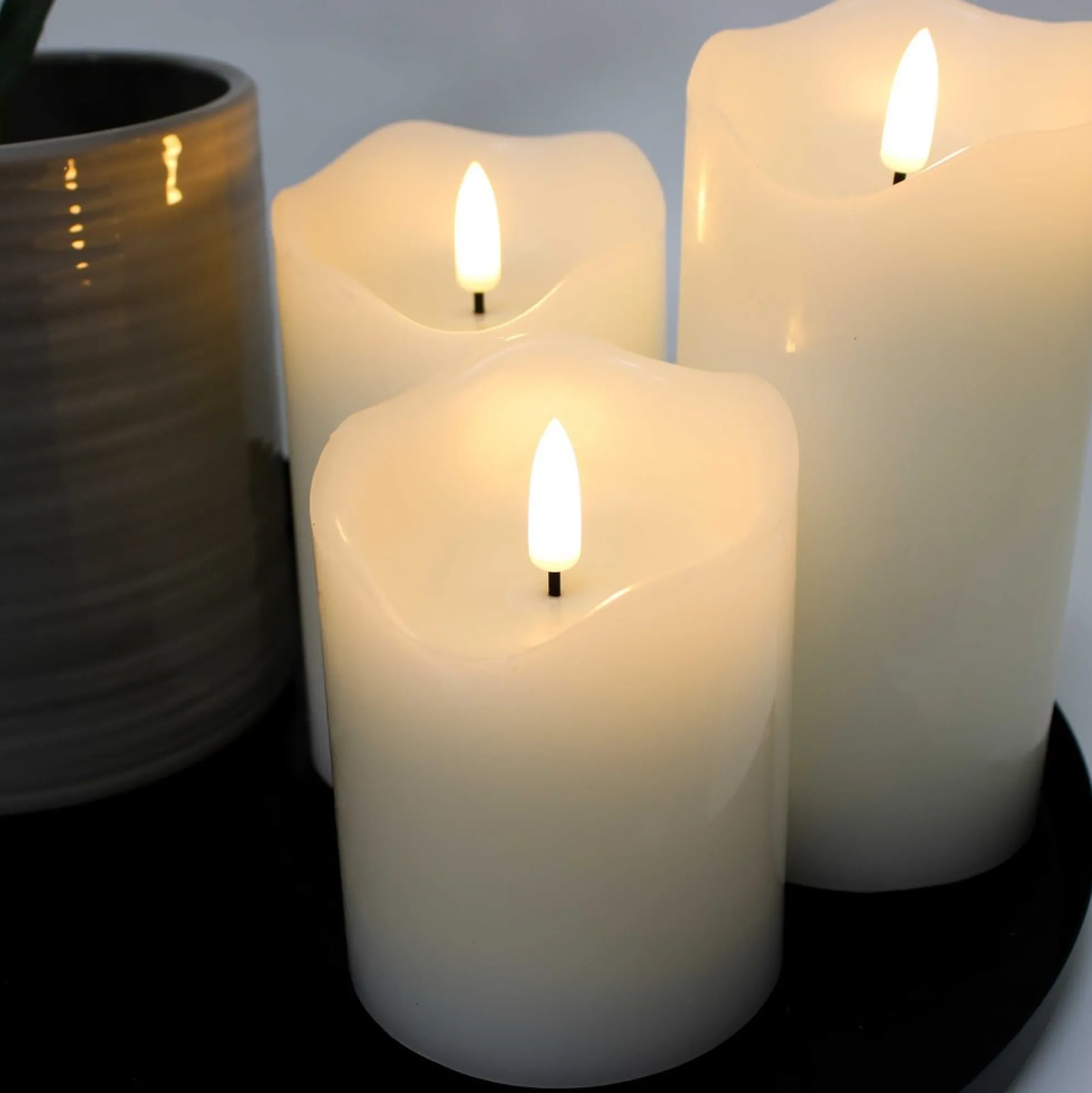 LED bloklys med flammeeffekt, hvid, 10/12,5/15 cm, fjernbetjening, timer, ægte stearin