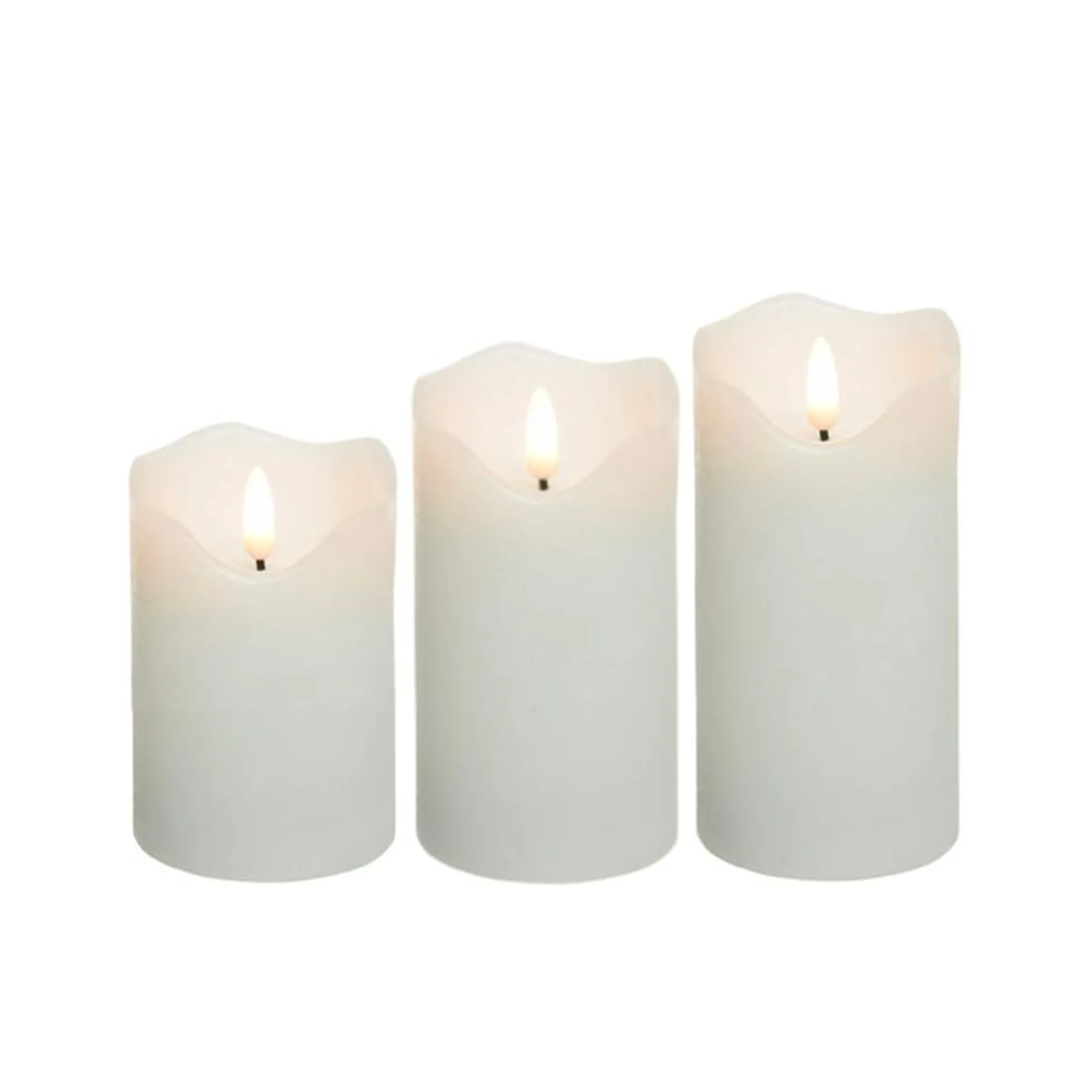 LED bloklys med flammeeffekt, hvid, 10/12,5/15 cm, fjernbetjening, timer, ægte stearin