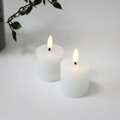 LED bloklys med flammeeffekt, hvid, 2 stk, ægte stearin, 5x5 cm