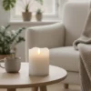 LED bloklys med flammeeffekt og fjernbetjening, hvid, 10 cm høj, Ø7,5 cm, ægte stearin