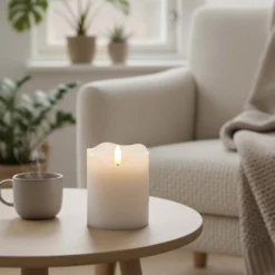 LED bloklys med flammeeffekt og fjernbetjening, hvid, 10 cm høj, Ø7,5 cm, ægte stearin