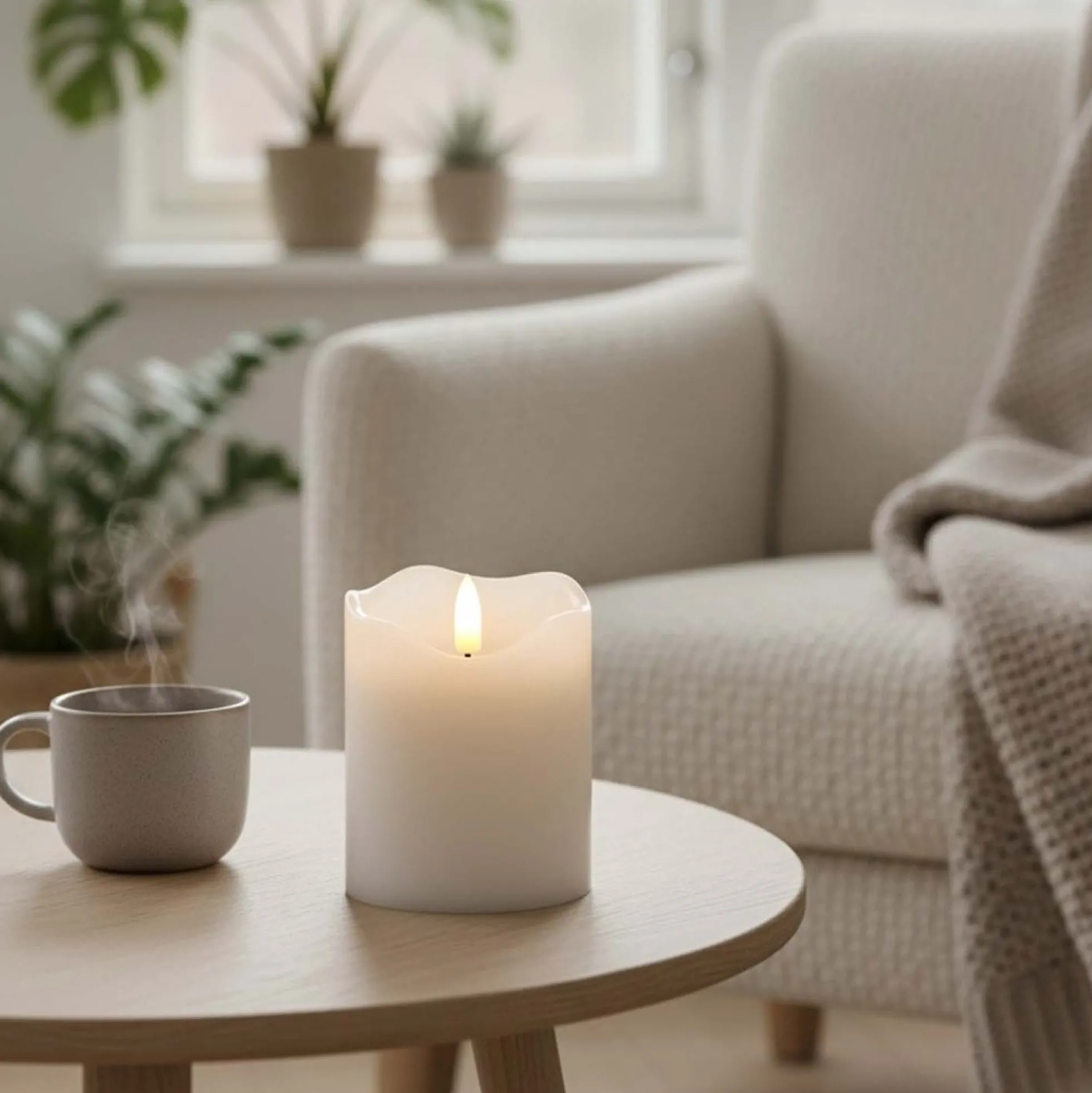 LED bloklys med flammeeffekt og fjernbetjening, hvid, 10 cm høj, Ø7,5 cm, ægte stearin