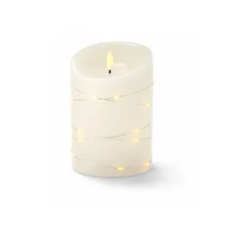 LED bloklys med lyskæde, 12,5 cm høj, flammeeffekt - Ø7,5 cm, inkl. fjernbetjening, ægte stearin