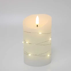LED bloklys med lyskæde, 12,5 cm høj, flammeeffekt - Ø7,5 cm, inkl. fjernbetjening, ægte stearin