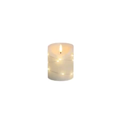 LED bloklys med lyskæde, flammeeffekt, 10 cm høj, inkl. fjernbetjening - Ø7,5 cm, ægte stearin