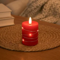LED bloklys med lyskæde, flammeeffekt, rød stearin, 10 cm høj, Ø7,5 cm, fjernbetjening