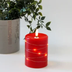 LED bloklys med lyskæde, flammeeffekt, rød stearin, 10 cm høj, Ø7,5 cm, fjernbetjening