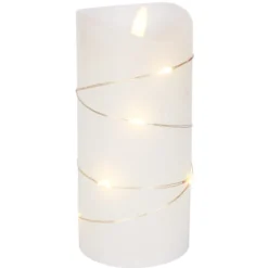 LED bloklys med lyskæde og flammeeffekt, 15 cm høj, inkl. fjernbetjening, ægte stearin, Ø7,5 cm