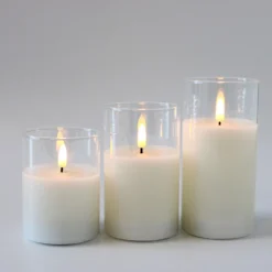 LED bloklys sæt i glas med flammeeffekt, 3 stk - Inkl. fjernbetjening og timer, højde 10/12,5/15 cm, ægte stearin