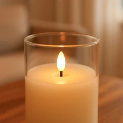 LED bloklys sæt i glas med flammeeffekt, 3 stk - Inkl. fjernbetjening og timer, højde 10/12,5/15 cm, ægte stearin