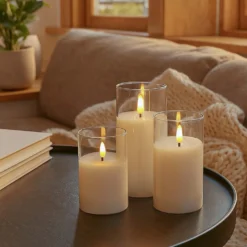LED bloklys sæt i glas med flammeeffekt, 3 stk - Inkl. fjernbetjening og timer, højde 10/12,5/15 cm, ægte stearin