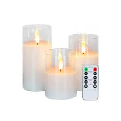 LED bloklys sæt i glas med flammeeffekt, 3 stk - Inkl. fjernbetjening og timer, højde 10/12,5/15 cm, ægte stearin