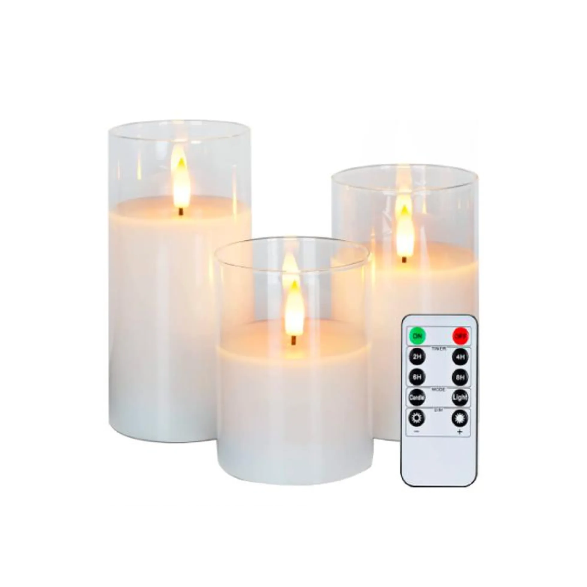 LED bloklys sæt i glas med flammeeffekt, 3 stk - Inkl. fjernbetjening og timer, højde 10/12,5/15 cm, ægte stearin