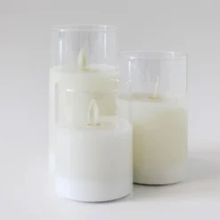LED bloklys sæt i glas med vippende flamme, 3 stk - Timer og fjernbetjening inkluderet - Ægte stearin - 10/12,5/15 cm