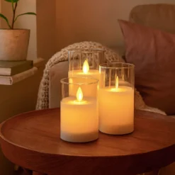 LED bloklys sæt i glas med vippende flamme, 3 stk - Timer og fjernbetjening inkluderet - Ægte stearin - 10/12,5/15 cm