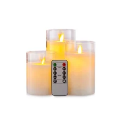 LED bloklys sæt i glas med vippende flamme, 3 stk - Timer og fjernbetjening inkluderet - Ægte stearin - 10/12,5/15 cm
