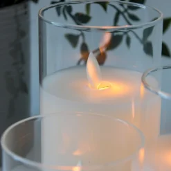 LED bloklys sæt i glas med vippende flamme, 3 stk - Timer og fjernbetjening inkluderet - Ægte stearin - 10/12,5/15 cm