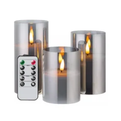 LED bloklys sæt i gråtonet glas med flammeeffekt, Ø7,5 cm, 3 stk - Inkl. fjernbetjening, timer, højde 10/12,5/15 cm