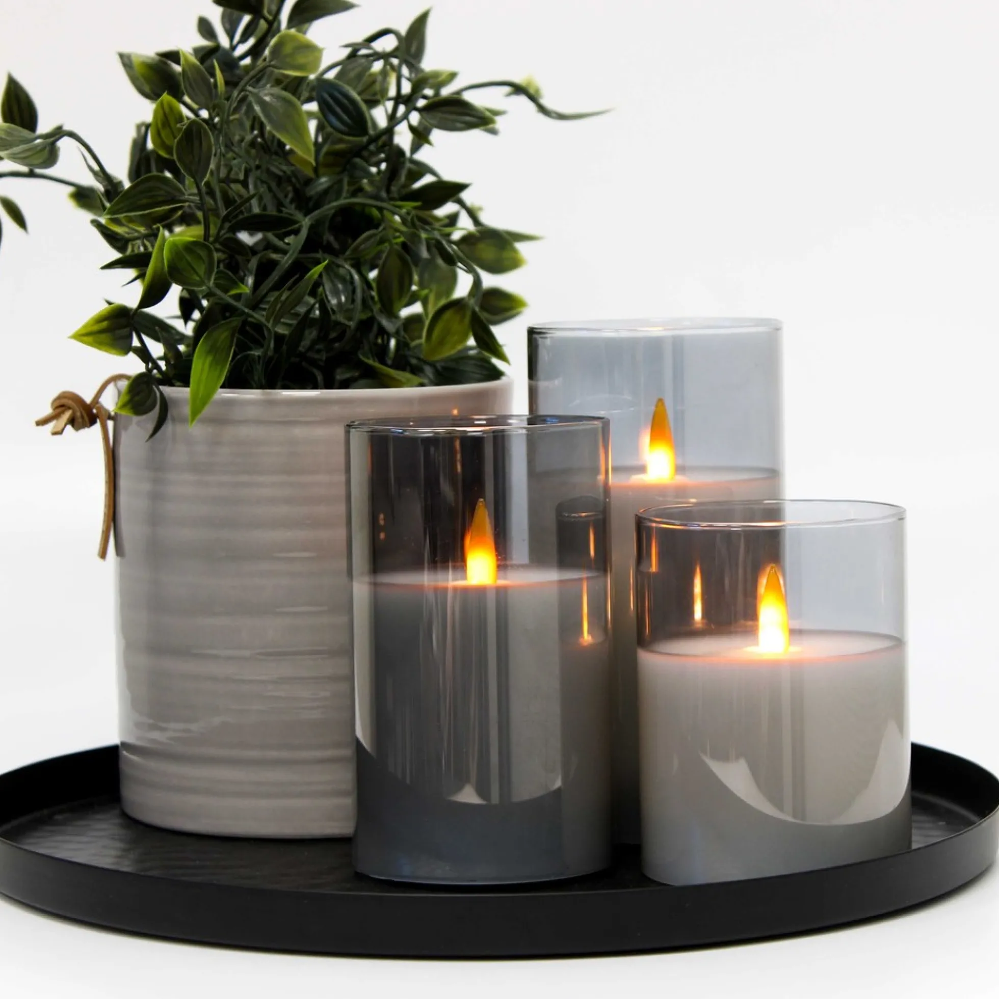 LED Bloklys sæt i røgfarvet glas Ø7,5cm, 3 stk, med flammeeffekt - Inkl. fjernbetjening og timer, 10/12,5/15cm høj, ægte stearin - LEDlife