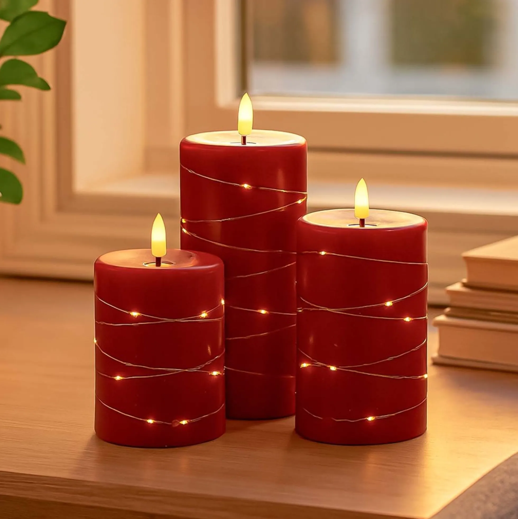 LED bloklys sæt med flammeeffekt og lyskæde, rød, Ø7,5 cm, 10/12,5/15 cm, fjernbetjening, timer, ægte stearin