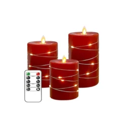 LED bloklys sæt med flammeeffekt og lyskæde, rød, Ø7,5 cm, 10/12,5/15 cm, fjernbetjening, timer, ægte stearin