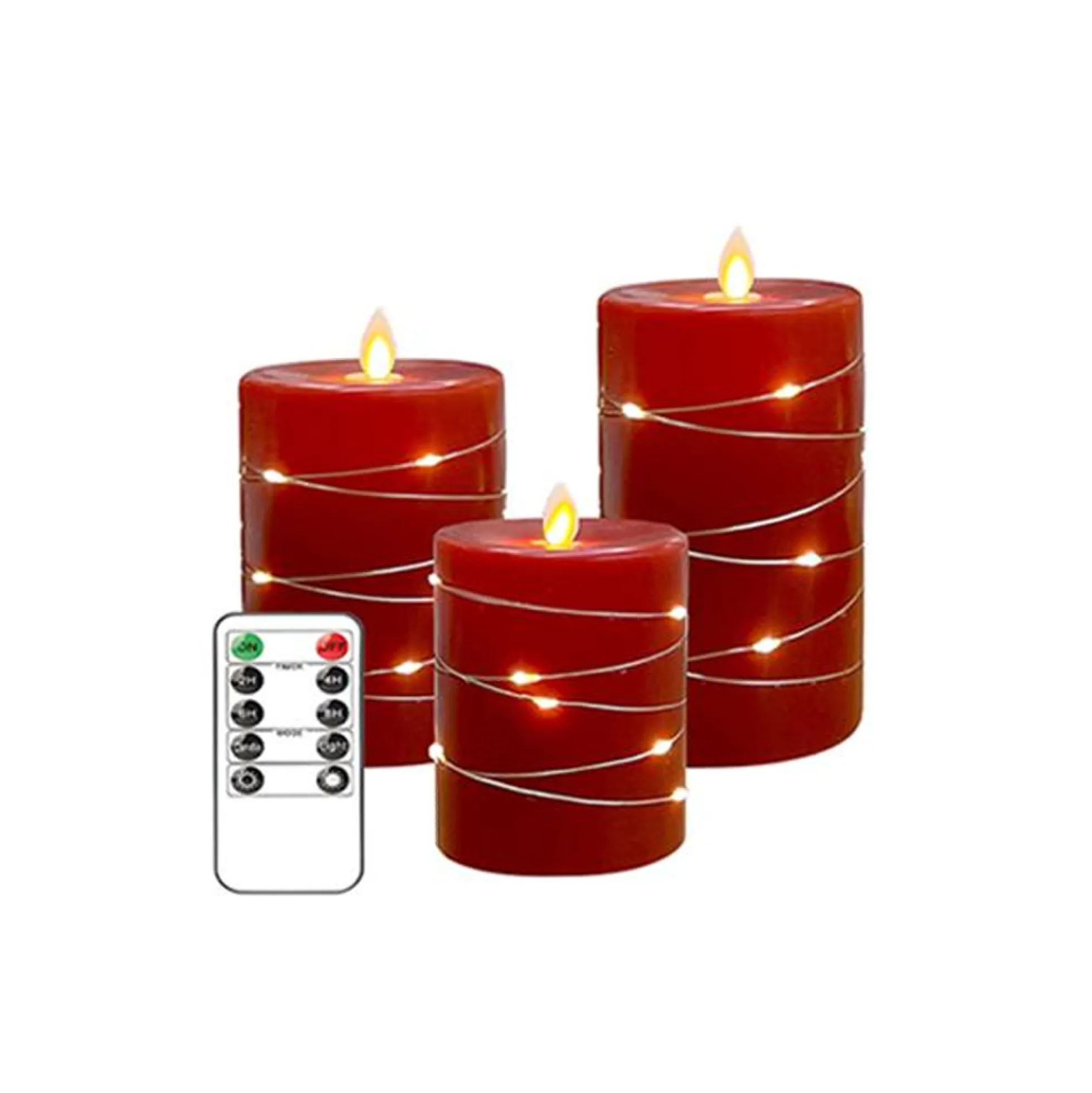 LED bloklys sæt med flammeeffekt og lyskæde, rød, Ø7,5 cm, 10/12,5/15 cm, fjernbetjening, timer, ægte stearin
