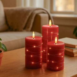 LED bloklys sæt med flammeeffekt og lyskæde, rød, Ø7,5 cm, 10/12,5/15 cm, fjernbetjening, timer, ægte stearin