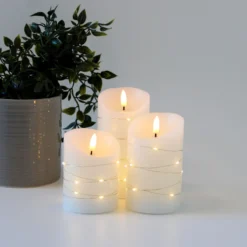 LED bloklys sæt med lyskæde og flammeeffekt, Ø7,5cm, 10/12,5/15cm høj, fjernbetjening, timer, ægte stearin