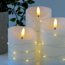 LED bloklys sæt med lyskæde og flammeeffekt, Ø7,5cm, 10/12,5/15cm høj, fjernbetjening, timer, ægte stearin