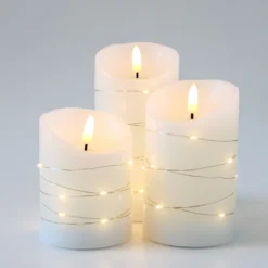 LED bloklys sæt med lyskæde og flammeeffekt, Ø7,5cm, 10/12,5/15cm høj, fjernbetjening, timer, ægte stearin