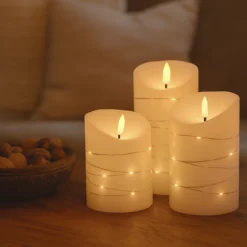LED bloklys sæt med lyskæde og flammeeffekt, Ø7,5cm, 10/12,5/15cm høj, fjernbetjening, timer, ægte stearin