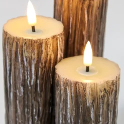 LED bloklys sæt med træ-look, smelteeffekt og fjernbetjening, Ø5,5 cm, 10/12,5/15 cm
