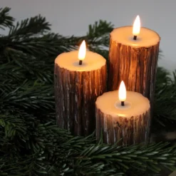 LED bloklys sæt med træ-look, smelteeffekt og fjernbetjening, Ø5,5 cm, 10/12,5/15 cm