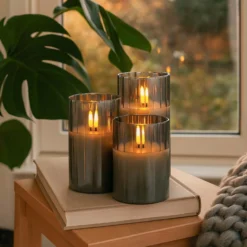 LED bloklys sæt, røgfarvet glas, flammeeffekt, 3 stk, 10/12,5/15 cm, inkl. fjernbetjening og timer, ægte stearin