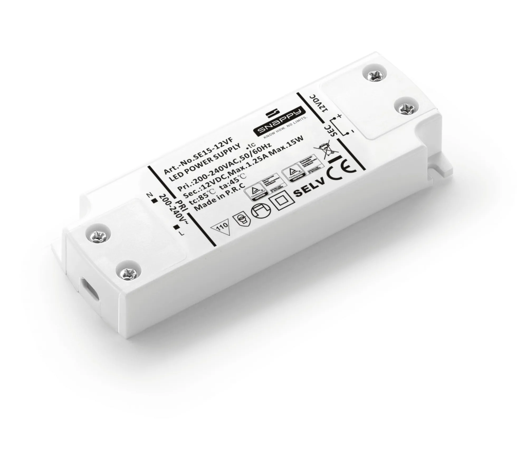 LED driver Snappy SE-15-12VF, 15W, 12V DC, 16 mm, 103 mm, hvid