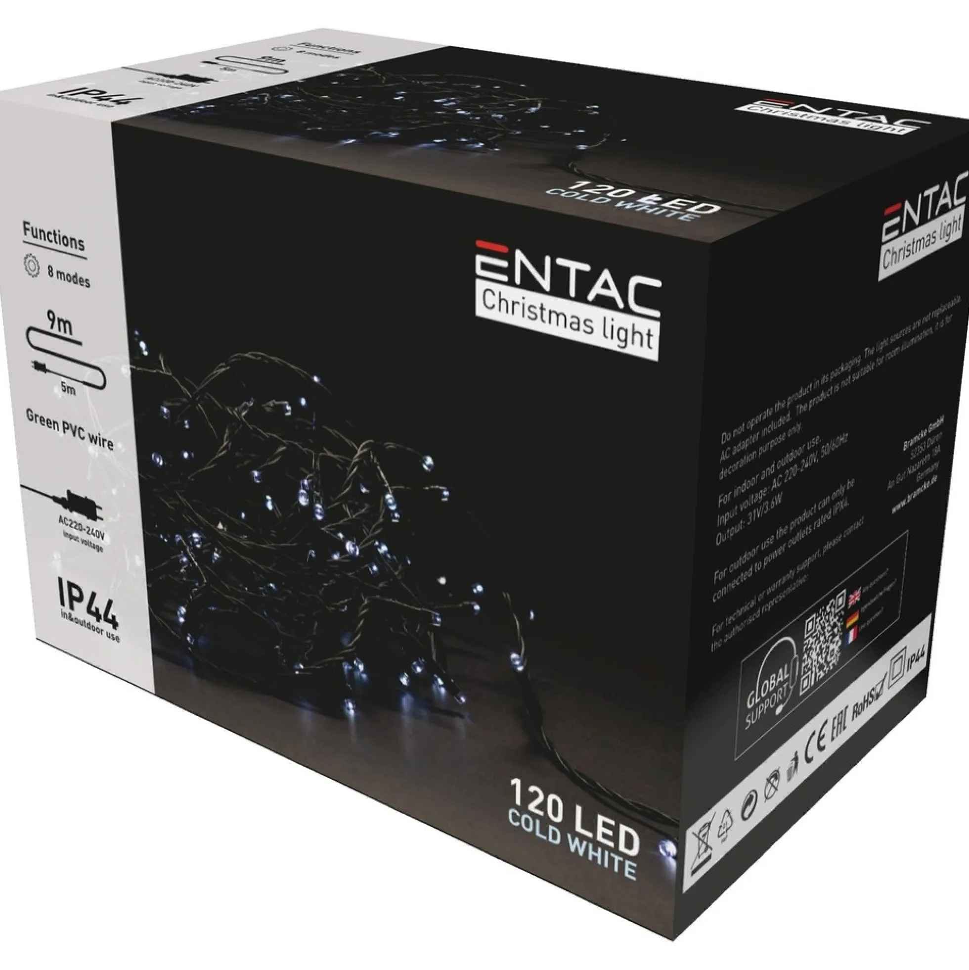 LED julelyskæde, 9 meter, 120 LED, hvid, udendørs, IP44, 230V (restsalg)