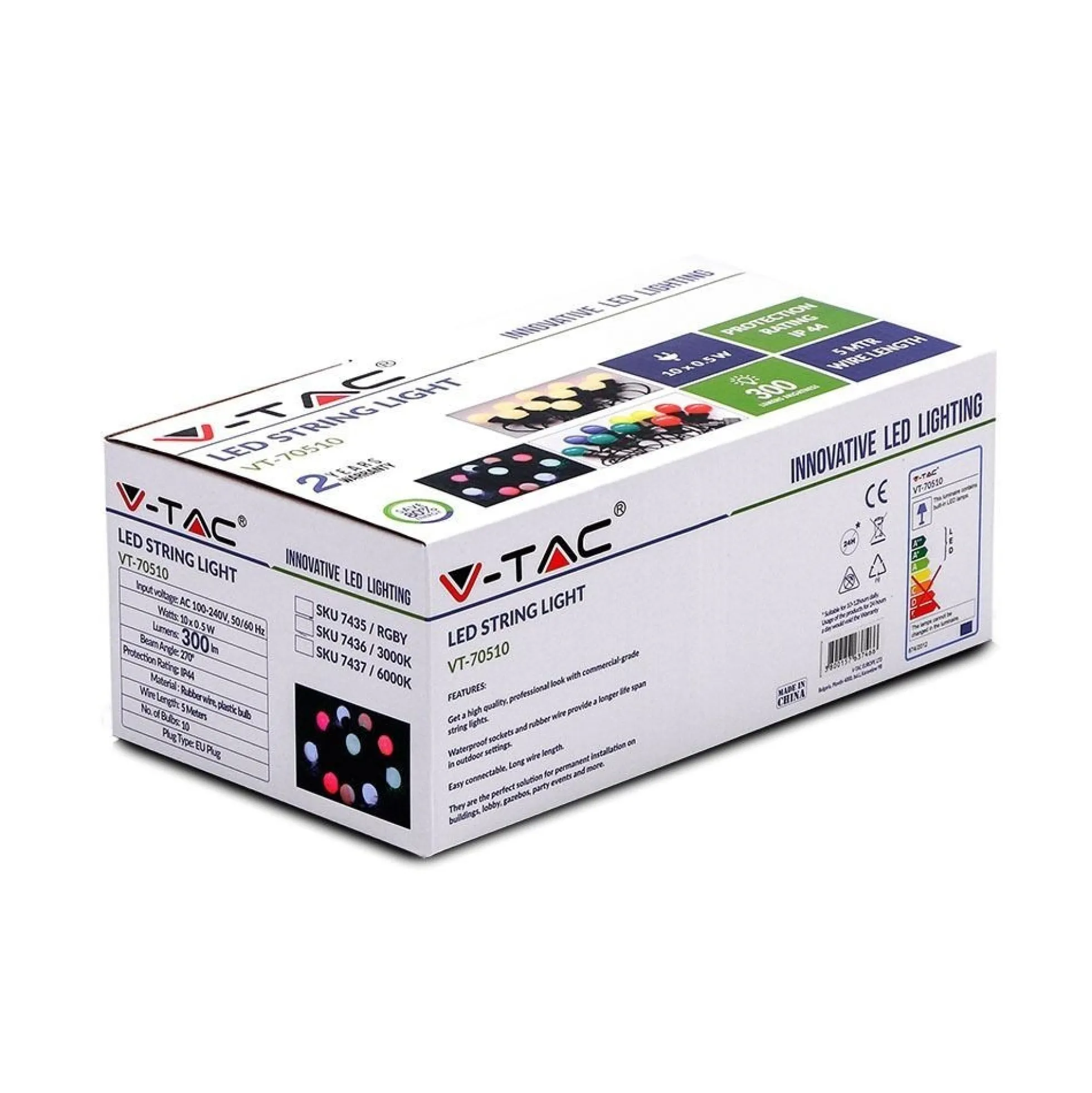 LED lyskæde, 10 pærer, 5 meter, IP44, inkl. lyskilde, 5W, 230V, 300lm