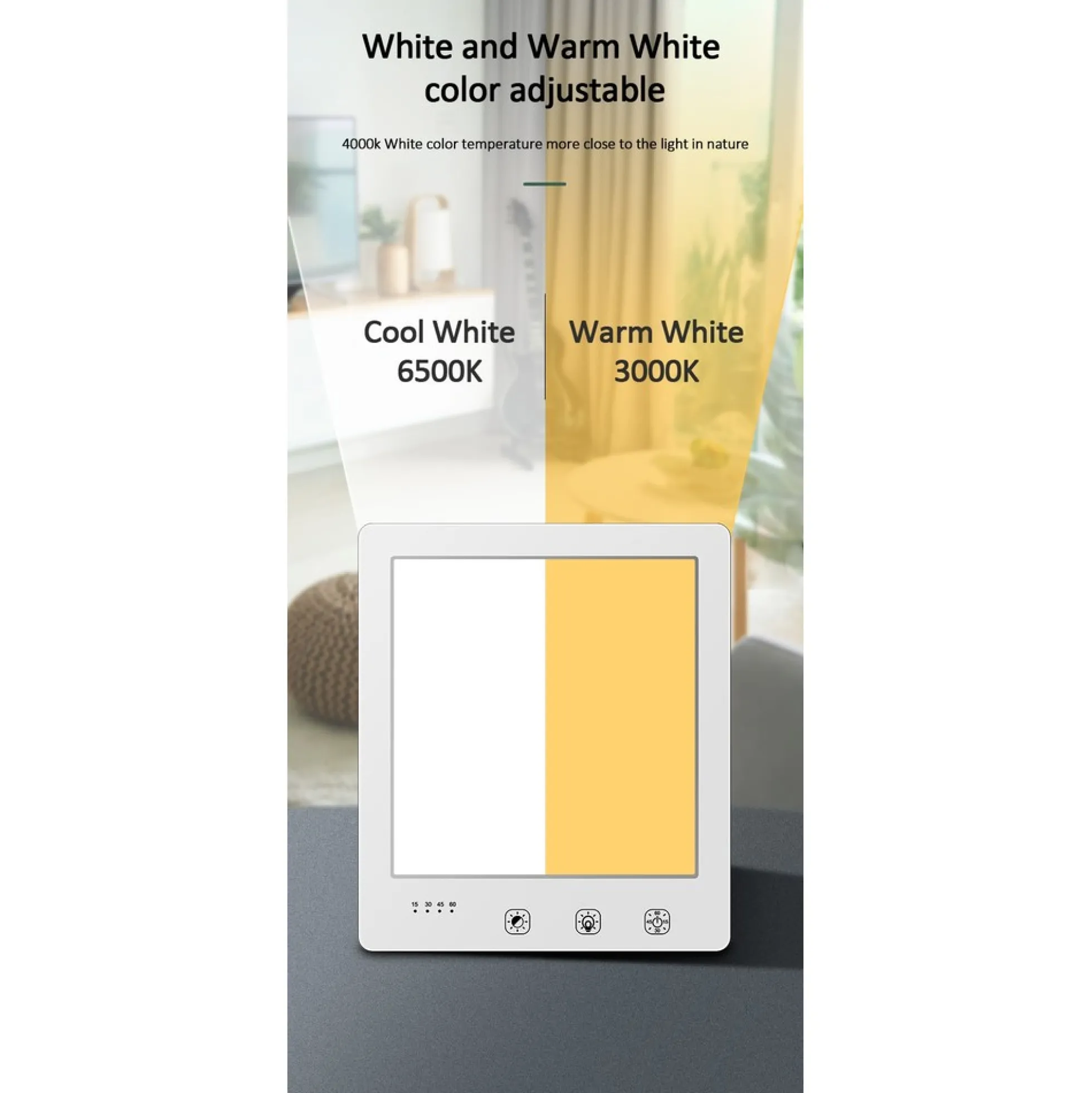 LED lysterapi lampe med timer, 10W, 10.000 LUX, flicker free, USB, hvid