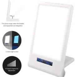 LED lysterapi lampe med timer/alarm, 18W, 10.000 LUX, indbygget batteri (flicker free), hvid/blå