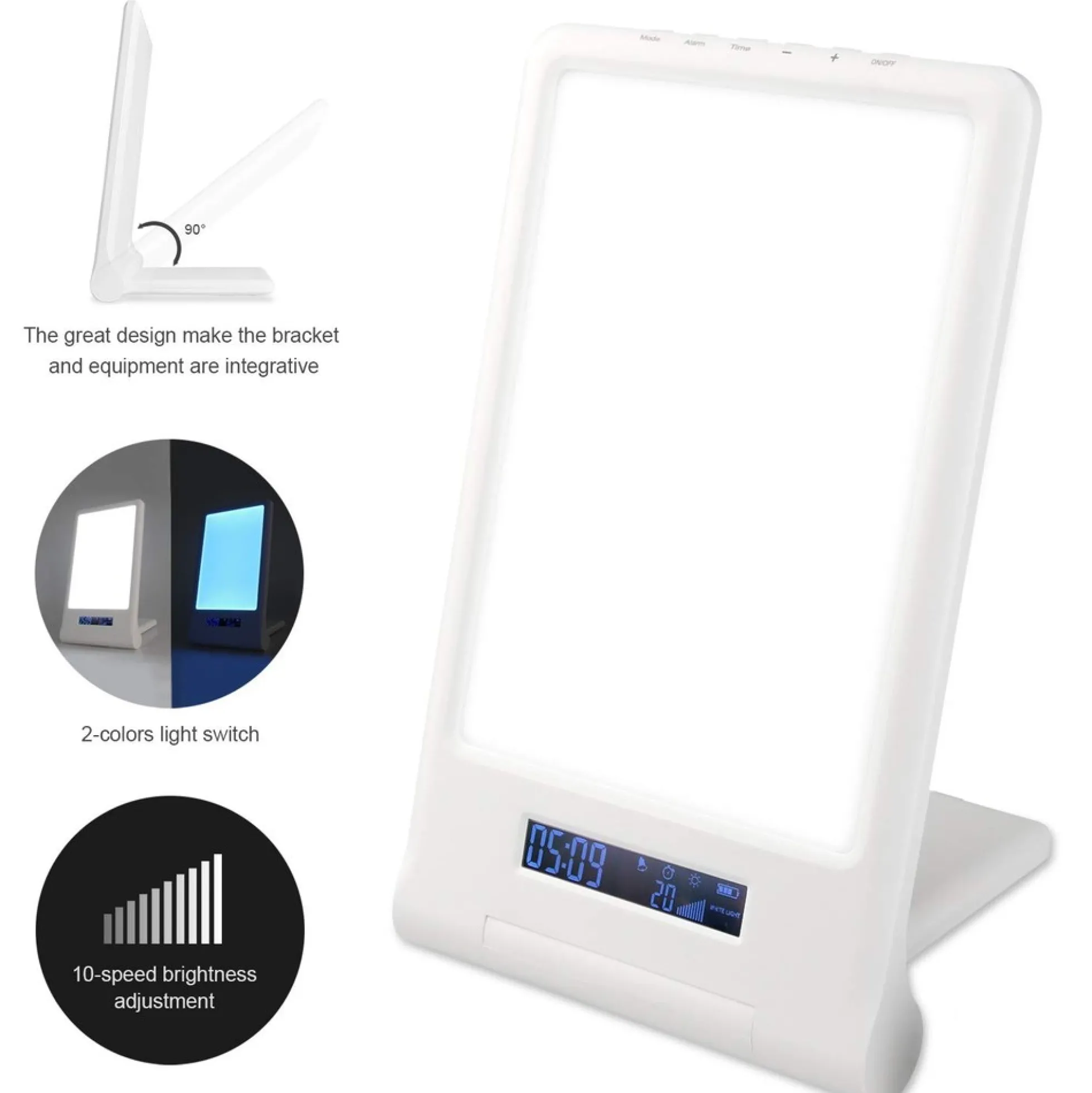 LED lysterapi lampe med timer/alarm, 18W, 10.000 LUX, indbygget batteri (flicker free), hvid/blå