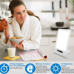LED lysterapi lampe med timer/alarm, 18W, 10.000 LUX, indbygget batteri (flicker free), hvid/blå