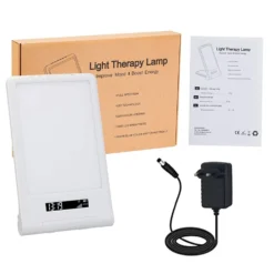 LED lysterapi lampe med timer/alarm, 18W, 10.000 LUX, indbygget batteri (flicker free), hvid/blå