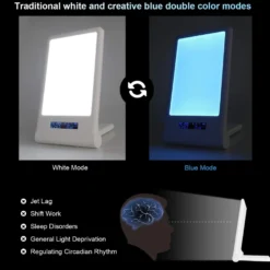 LED lysterapi lampe med timer/alarm, 18W, 10.000 LUX, indbygget batteri (flicker free), hvid/blå