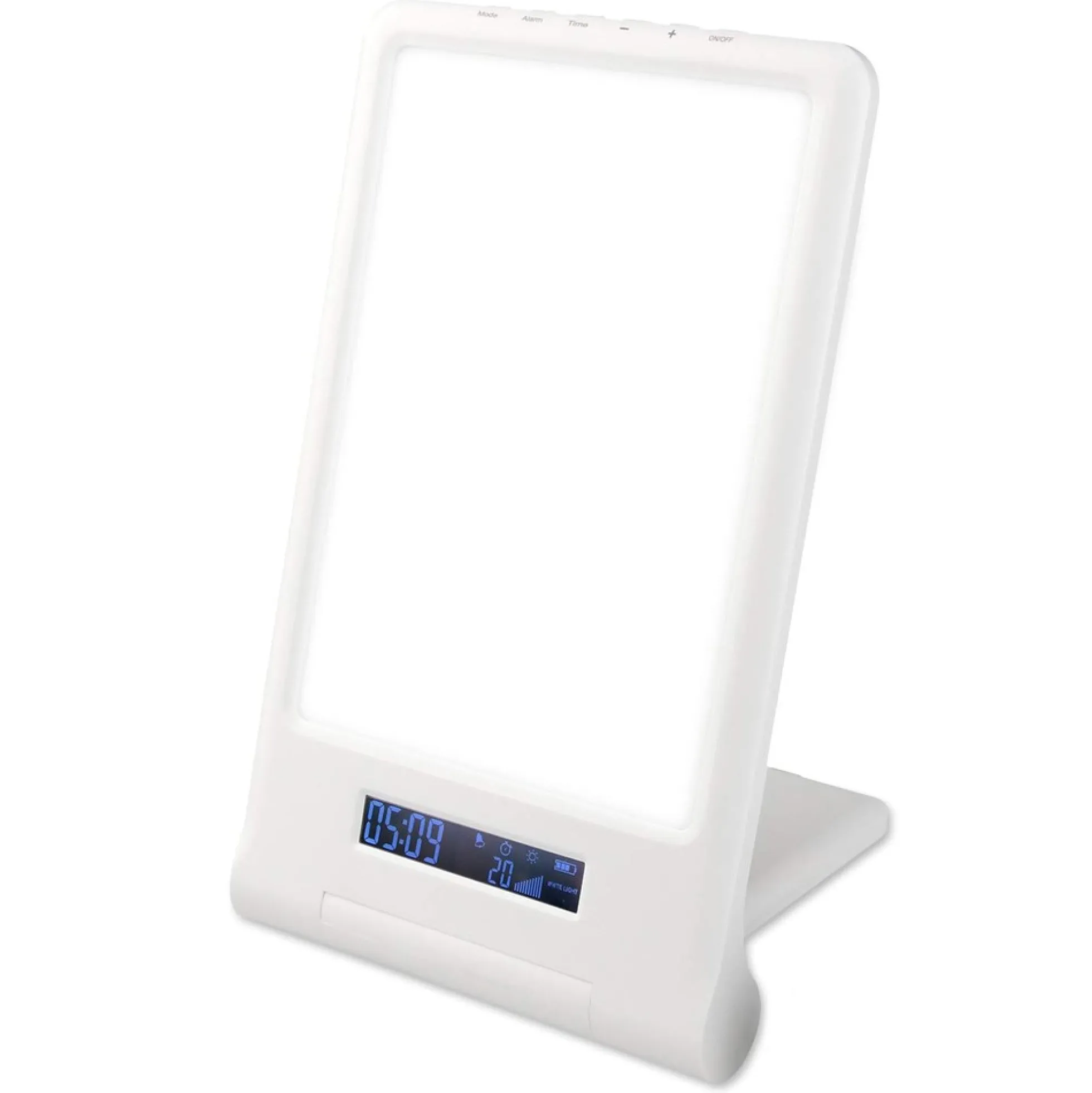 LED lysterapi lampe med timer/alarm, 18W, 10.000 LUX, indbygget batteri (flicker free), hvid/blå