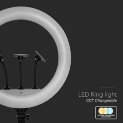 LED ring light med stativ, 55W, Ø44cm, 3 telefonholdere, fjernbetjening, 3200K-5800K, 3-i-1 kulør