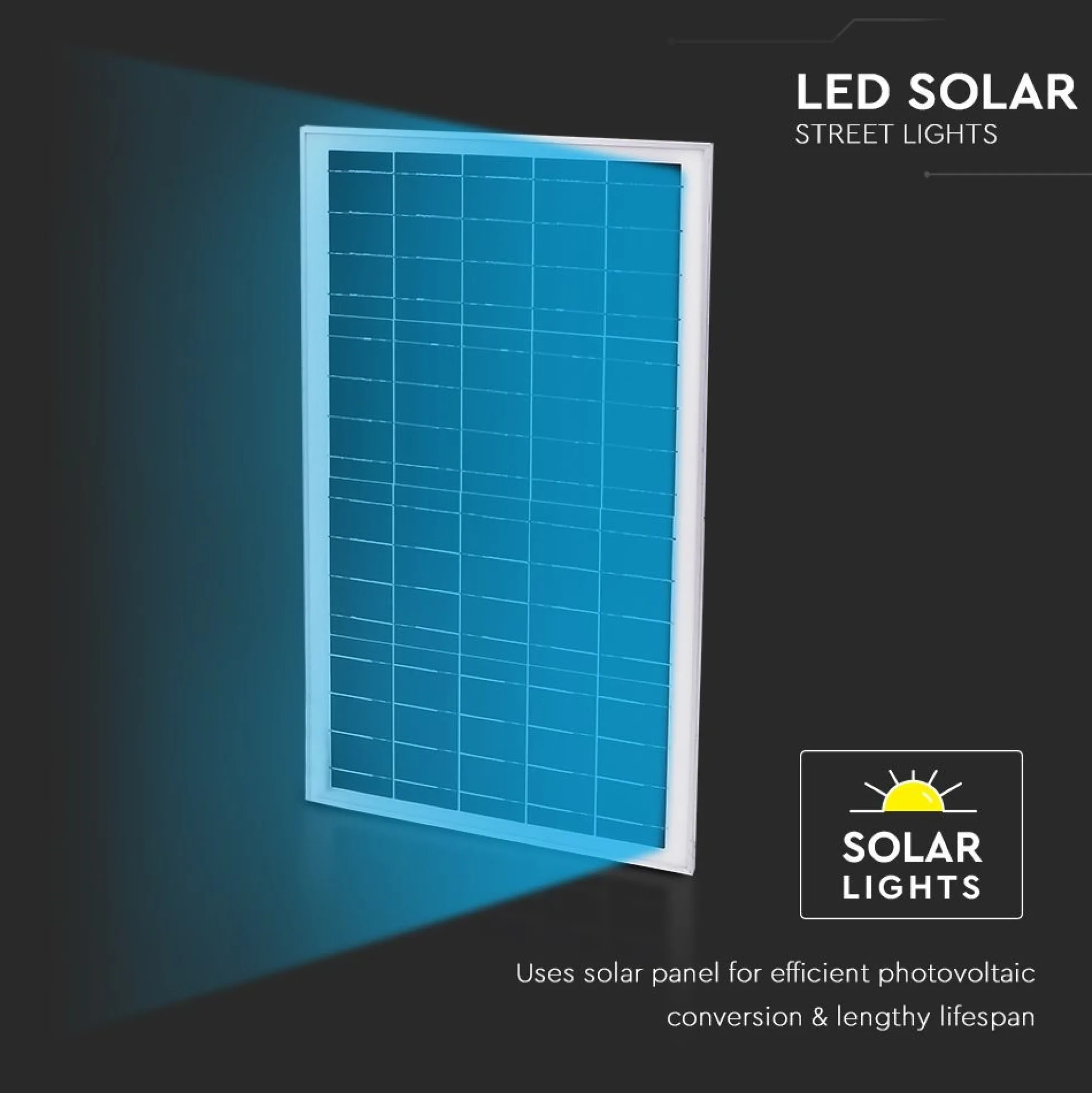LED Solcelle Gadelampe, 6500K, 3.2V, 50Ah LiFePO4 batteri, IP65 vejrbeskyttet