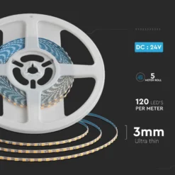 LED strip, 5 meter, 8W/m, 24V DC, IP20, 3mm bred, 120 LED/m, dæmpbar