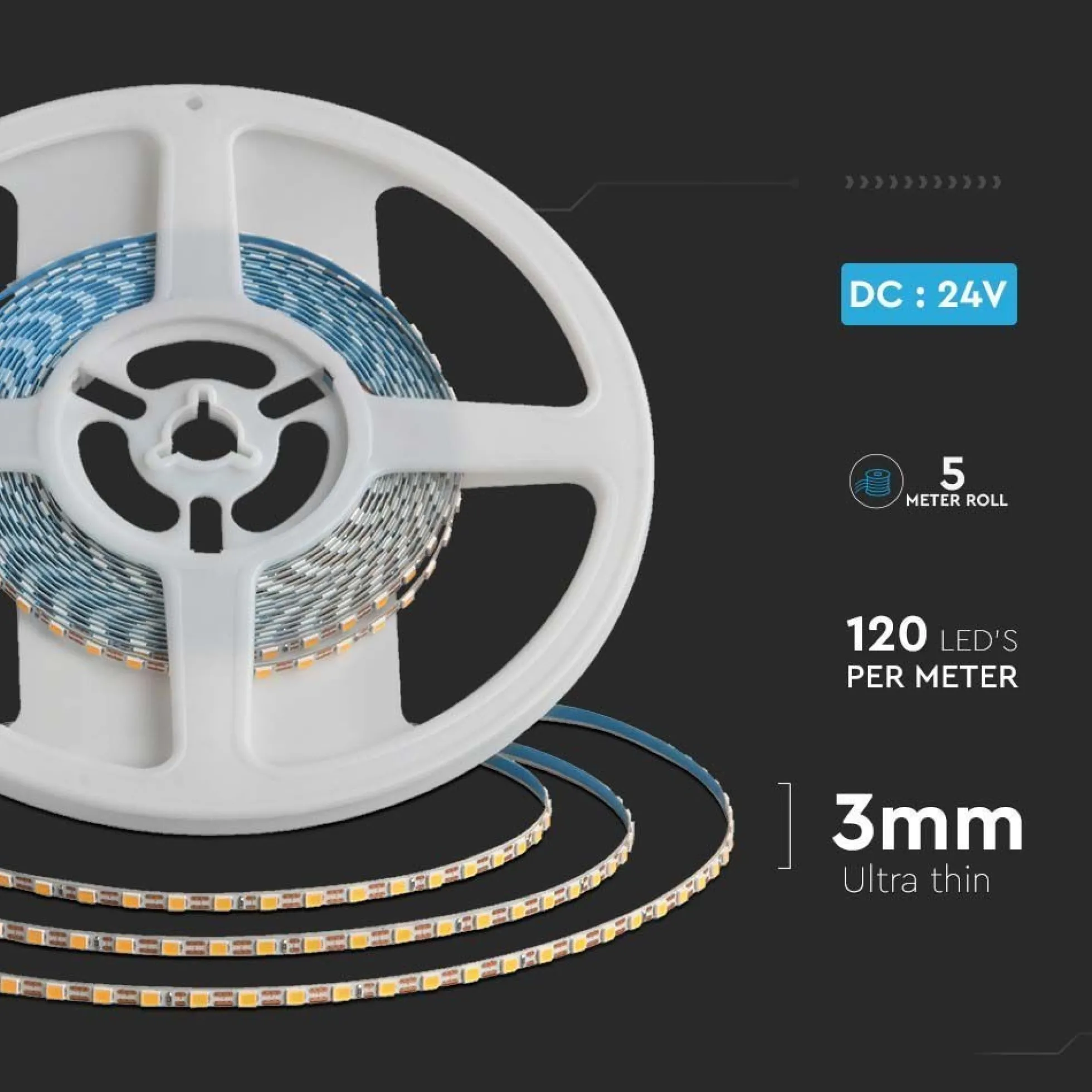 LED strip, 5 meter, 8W/m, 24V DC, IP20, 3mm bred, 120 LED/m, dæmpbar