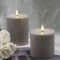 Led vokslys, taupe grå, 2 stk, med 3D flamme og timer, IP20