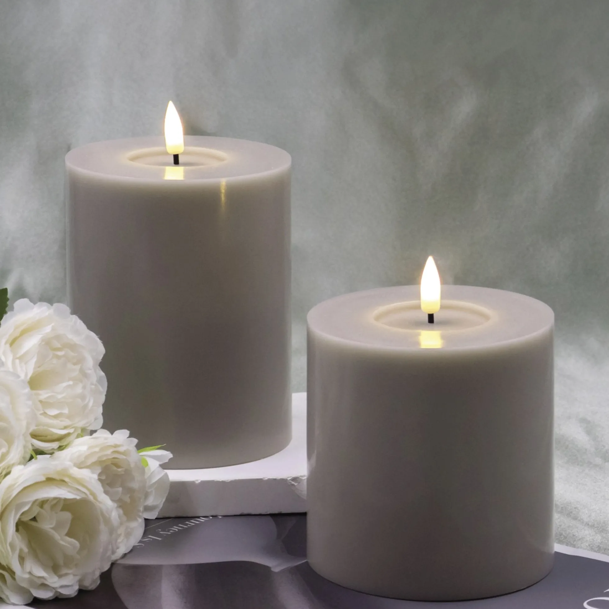 Led vokslys, taupe grå, 2 stk, med 3D flamme og timer, IP20
